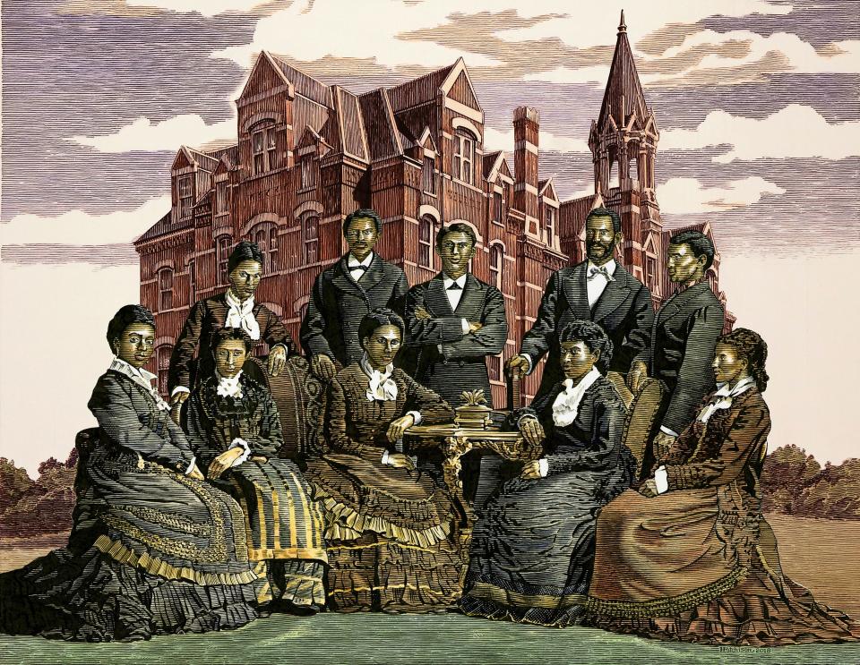 An illustration of the early Fisk Jubilee Singers in front of Fisk University's Jubilee Hall.