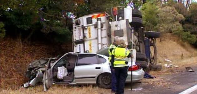 The scene of a fatal three-way smash in which a woman was crushed by a street sweeper. Photo: 7News