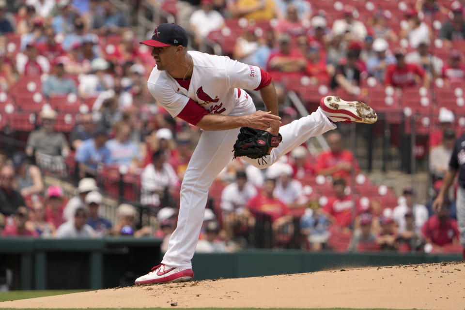 St. Louis Cardinals starting pitcher Jack Flaherty throws during the first inning of a baseball game against the Washington Nationals Sunday, July 16, 2023, in St. Louis. (AP Photo/Jeff Roberson)