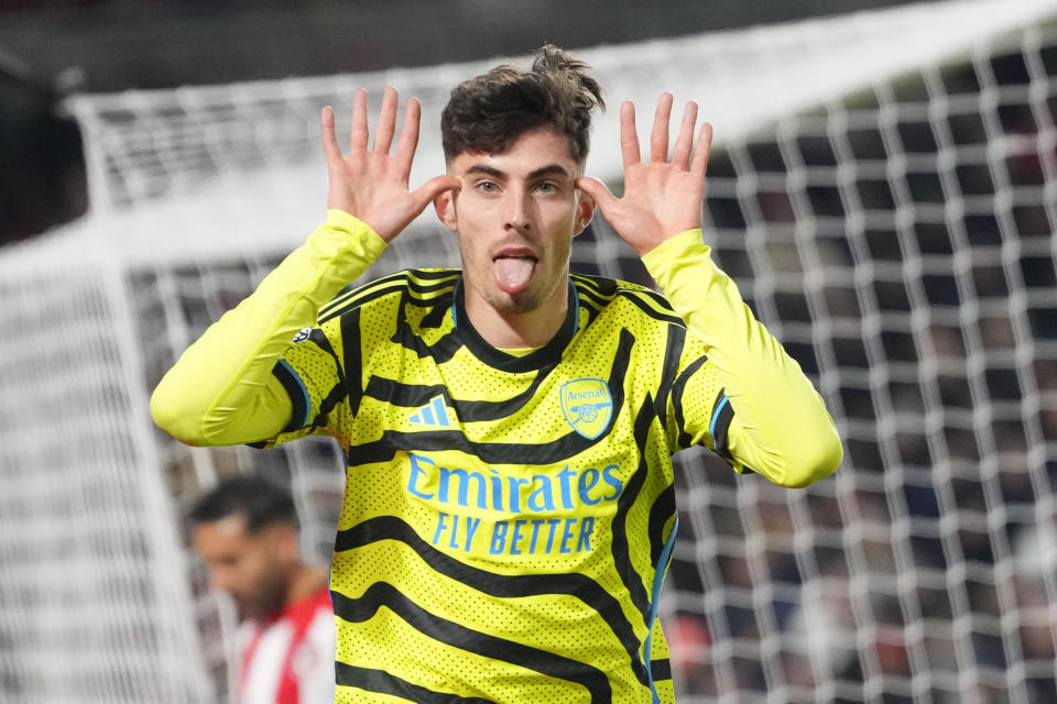 Arsenal's Kai Havertz celebrates after scoring his side's opening goal during the English Premier League soccer match between Brentford and Arsenal at the Gtech Community stadium in London, Saturday, Nov. 25, 2023. (AP Photo/Kirsty Wigglesworth)