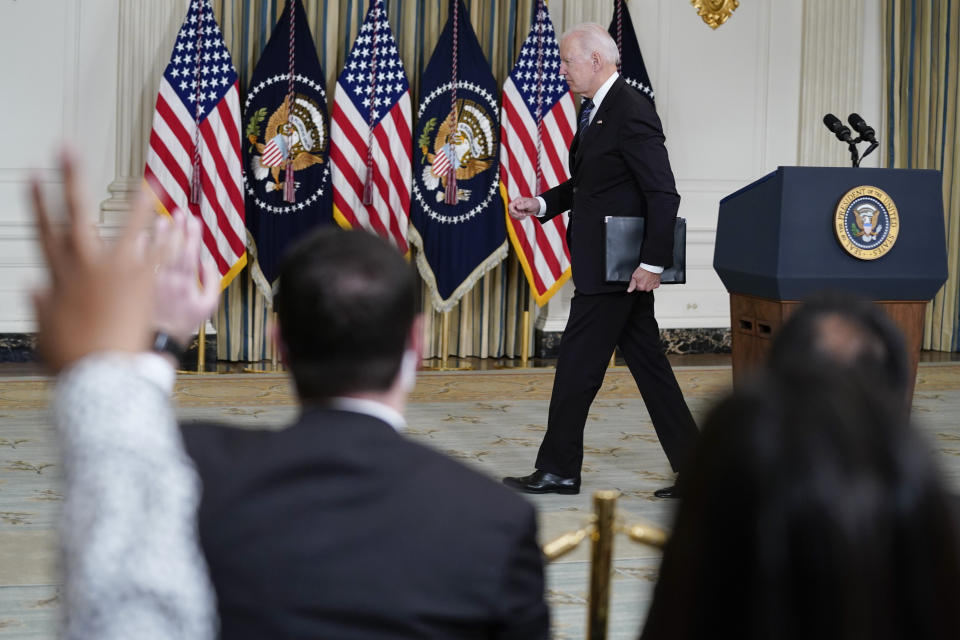 FILE - President Joe Biden departs after speaking about the October jobs report from the State Dining Room of the White House, Nov. 5, 2021, in Washington. As President Joe Biden wraps up his first year in the White House, he has held fewer news conferences than any of his five immediate predecessors at the same point in their presidencies, and has taken part in fewer media interviews than any of his recent predecessors. That's according to new research from Towson University professor emerita Martha Joynt Kumar. (AP Photo/Evan Vucci, File)