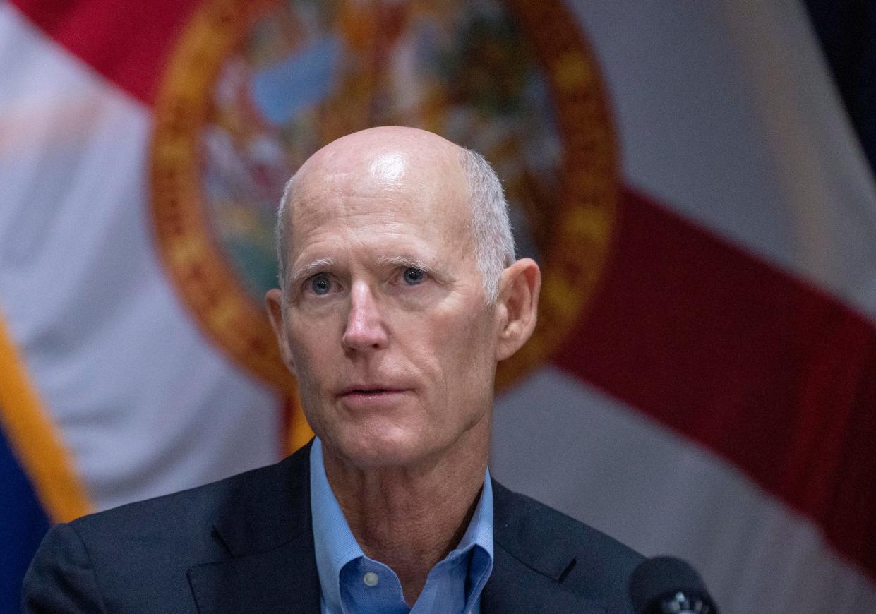 U.S. Senator Rick Scott listens during a roundtable discussion with local law enforcement leaders about border control and the deadly Fentanyl crisis during his visit to the West Palm Beach Police station on February 3, 2023.