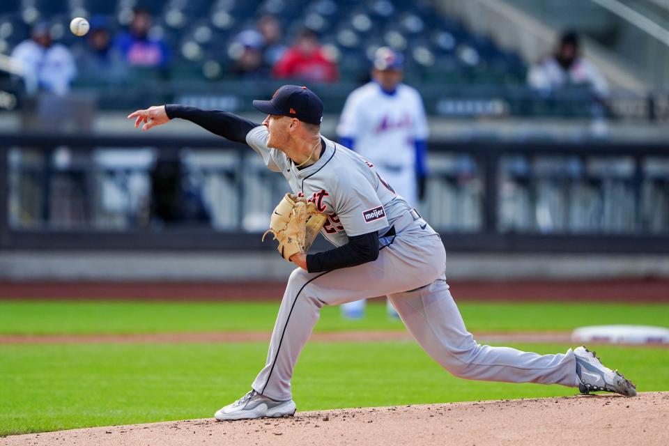 Detroit Tigers pitcher Matt Manning delivers a pitch against the New York Mets during the first inning at Citi Field on Thursday, April 4, 2024 in New York.