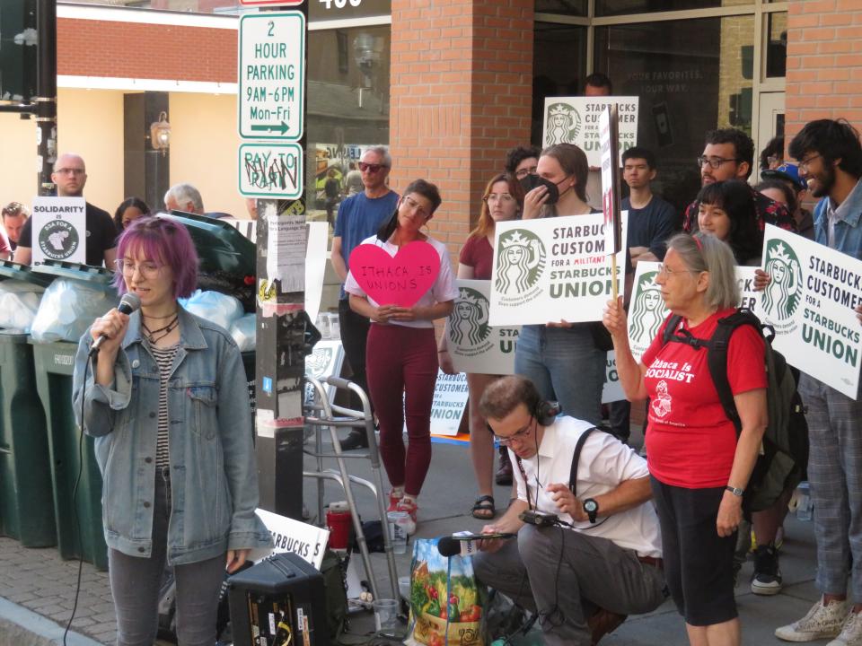 Bek MacLean, a Starbucks shift supervisor, speaks at a press conference.