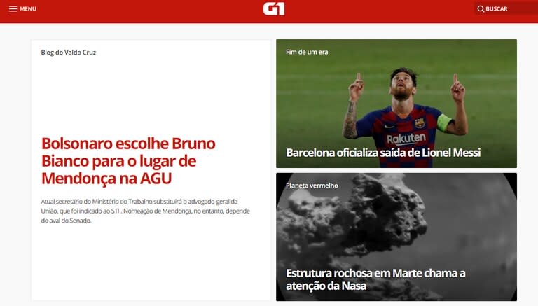 La noticia de la salida de Messi en la página principal del sitio G1, uno de los más leídos de Brasil.