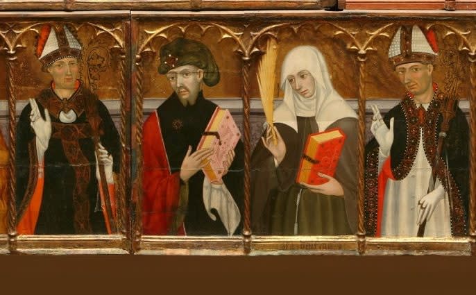 St. Elzéar und seine Frau St. Delphine, flankiert von den beiden Bischöfen St. Restitutus und St. Martial, gemalt 1415 von Lluis Borrassà - Museu Episcopal de Vic