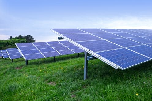 <span class="caption">A solar farm in Devon, UK.</span> <span class="attribution"><a class="link " href="https://www.shutterstock.com/image-photo/solar-farm-uk-photovoltaic-panels-green-1115812145" rel="nofollow noopener" target="_blank" data-ylk="slk:Jeanette Teare/Shutterstock;elm:context_link;itc:0;sec:content-canvas">Jeanette Teare/Shutterstock</a></span>