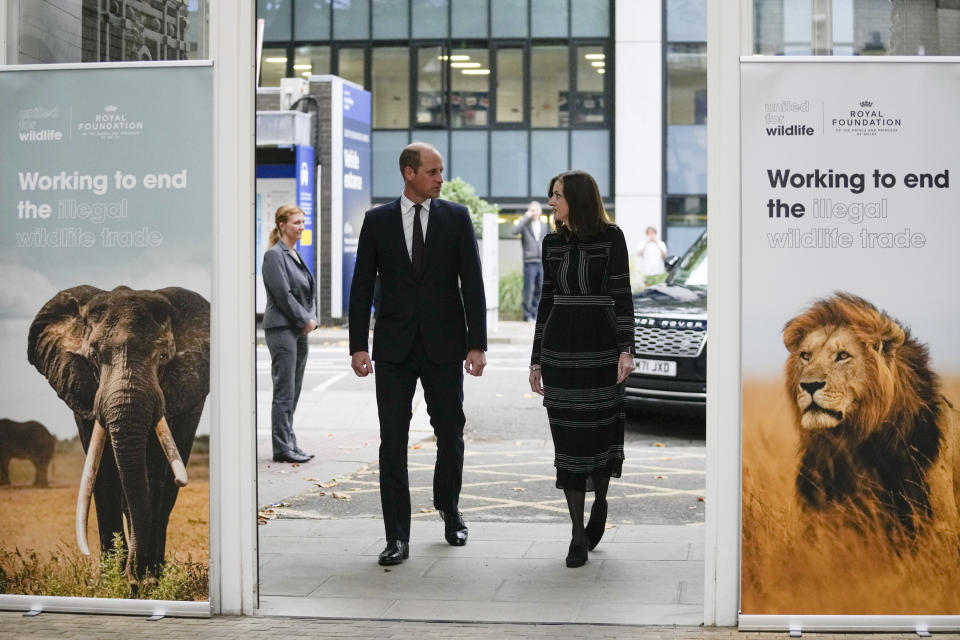 Britain's Prince William arrives at the United for Wildlife Global Summit at the Science Museum in London, Tuesday, Oct. 4, 2022. The summit will bring together over 300 global leaders from law enforcement agencies, conservation organisations and private sector companies who are part of the UfW network, highlighting their pioneering work to drive policy change and support criminal investigations, while galvanising a re-doubling of effort in the collective fight to end the illegal wildlife trade for good. (AP Photo/Alastair Grant)