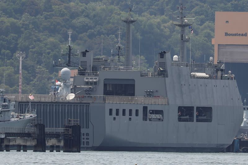 Myanmar Navy vessel is docked at a jetty in Lumut