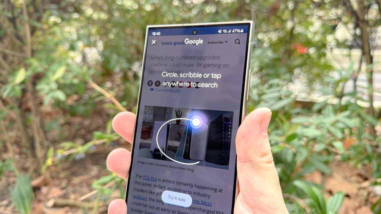  An image showing the Samsung Galaxy S24 with the Circle to Search feature being used on screen. 