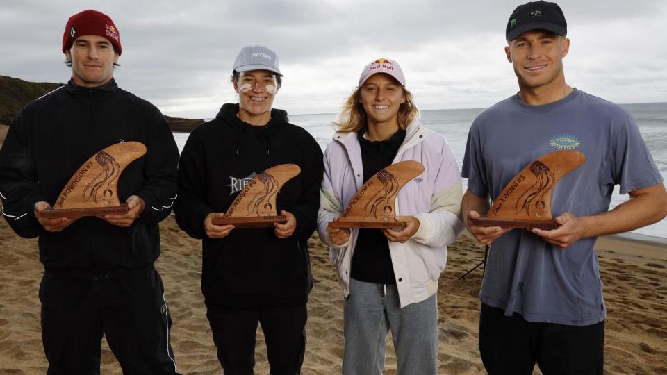 Australia’s Olympic surfers Jack Robinson, Tyler Wright, Molly Picklum and Ethan Ewing. Picture: Michael Klein