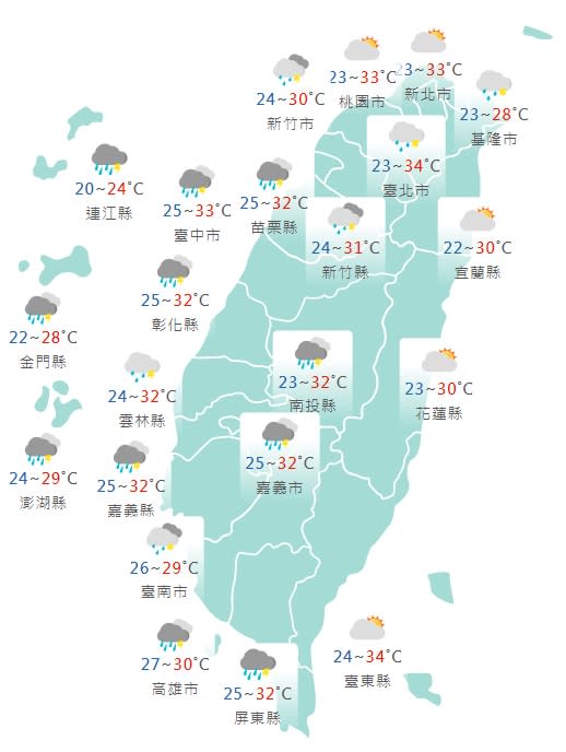 各縣市氣溫預報。（圖／中央氣象局）