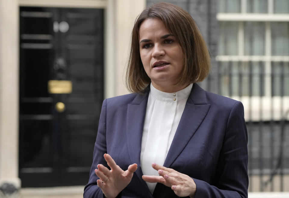 Belarus opposition leader Sviatlana Tsikhanouskaya speaks to the media outside 10 Downing Street after a meeting with the British Prime Minister Boris Johnson in London, Tuesday, Aug. 3, 2021. (AP Photo/Alastair Grant)