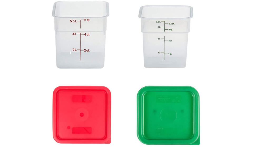 Two plastic containers, one lid in red, another in green