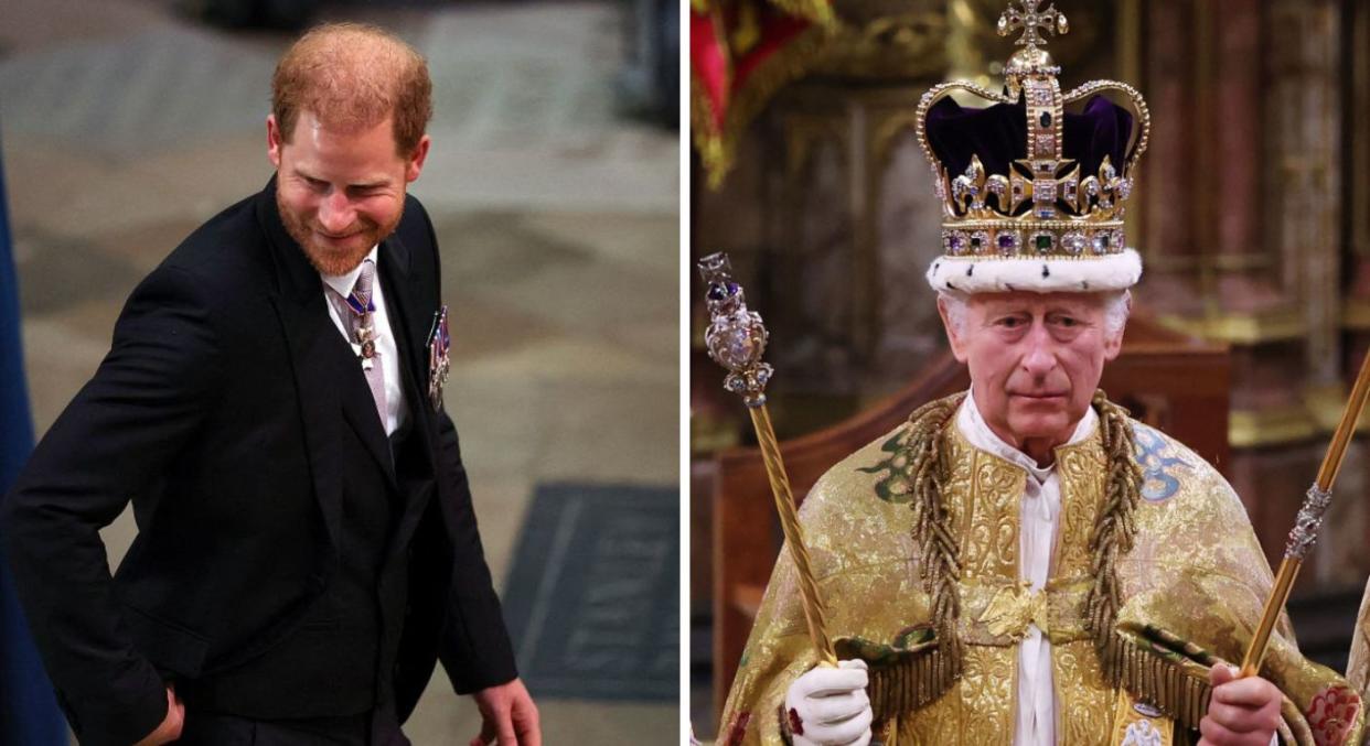 Body language expert Judi James says Harry appeared 'cocky and confident' while Charles seemed 'nervous' during the ceremony. (Getty Images)