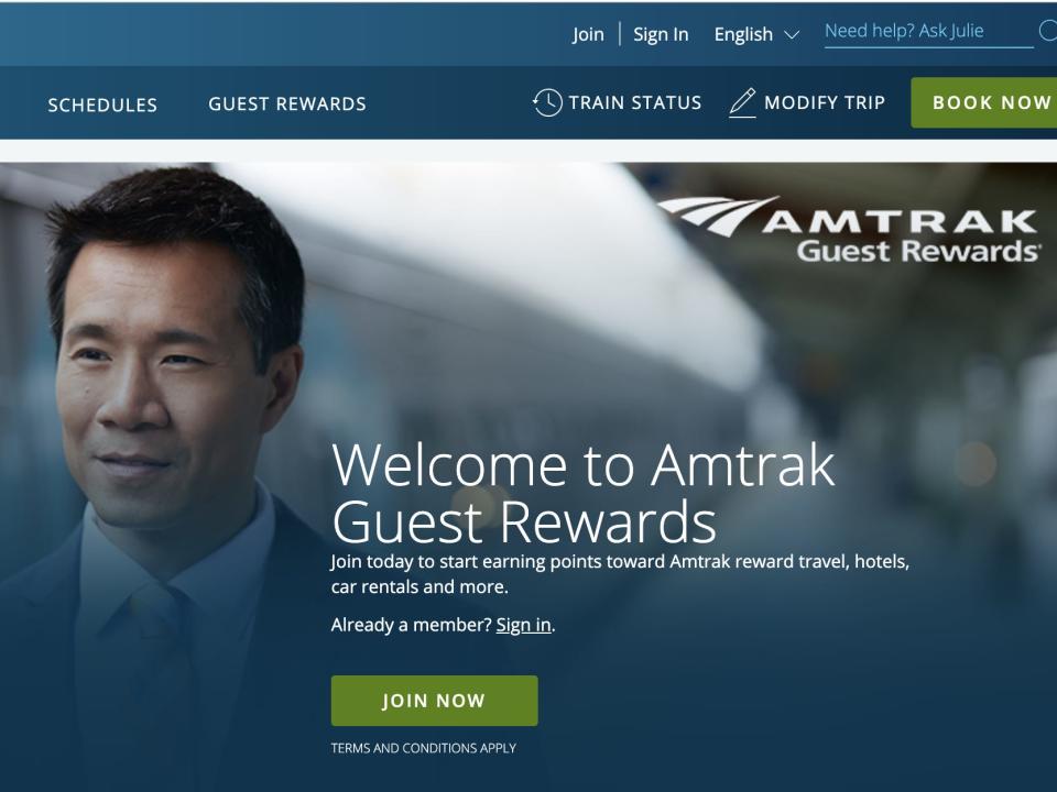 A screenshot of the rewards program on the Amtrak website