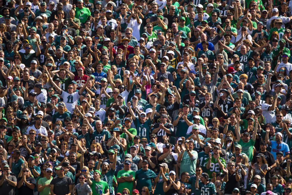 Philadelphia Eagles fans cheer after a play while watching their team face the Washington Redskins during an NFL football game, Sunday, Sept. 8, 2019, in Philadelphia, PA. (AP Photo/Jason E. Miczek)