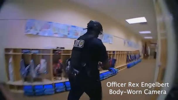 PHOTO: An image from Metro Nashville Police bodycam footage shows officers searching for the alleged shooter at The Covenant School in Nashville, Tenn., March 27, 2023. (Metropolitan Nashville Police Dept.)