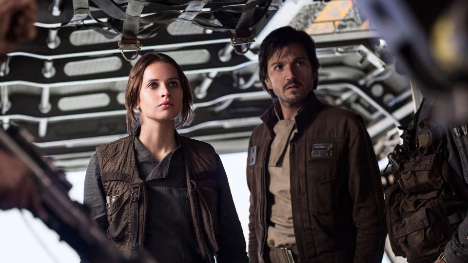 Felicity Jones as Jynn Erso and Diego Luna as Cassian Andor in 'Rogue One: A Star Wars Story'. (Credit: Lucasfilm/Disney)