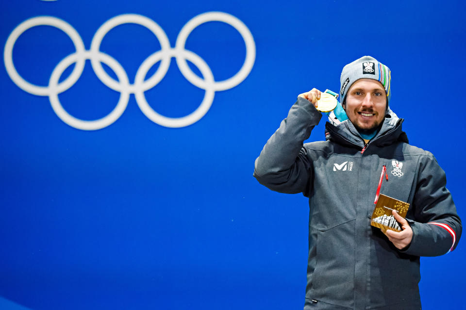 <p>Marcel Hirscher of Austria wins the gold medal for men’s Alpine combined. (Getty) </p>