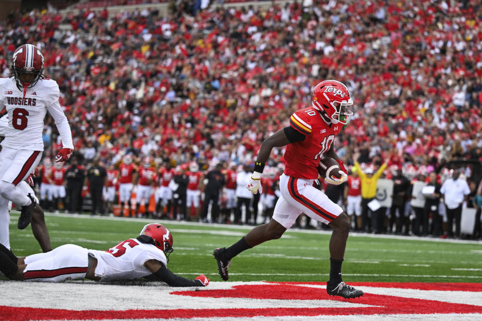 Maryland wide receiver Tai Felton (10) runs with the ball after making a catch and scores his third touchdown of the first half during an NCAA college football game against Indiana, Saturday, Sept. 30, 2023, in College Park, Md. (AP Photo/Terrance Williams)