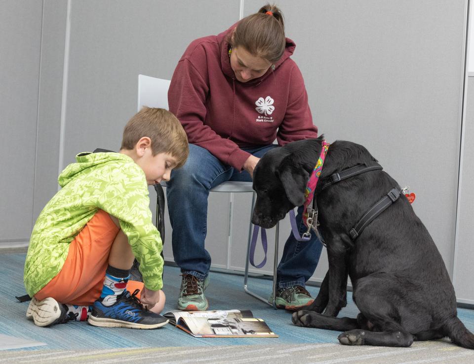 Luca Stafford, 8, reads to Goose, a black lab, and his owner Libby Smith at the Stark Library Jackson Branch's Pups and Pages program.
