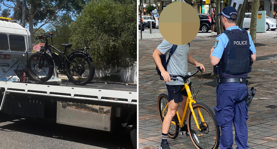 A photo of an illegal e-bike being disposed of by WA Police Traffic. Another photo of Kings Cross Police stopping a man for riding an illegal e-bike.