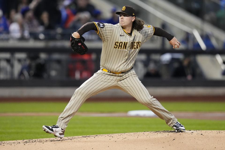 San Diego Padres' Ryan Weathers pitches during the first inning of the team's baseball game against the New York Mets on Tuesday, April 11, 2023, in New York. (AP Photo/Frank Franklin II)