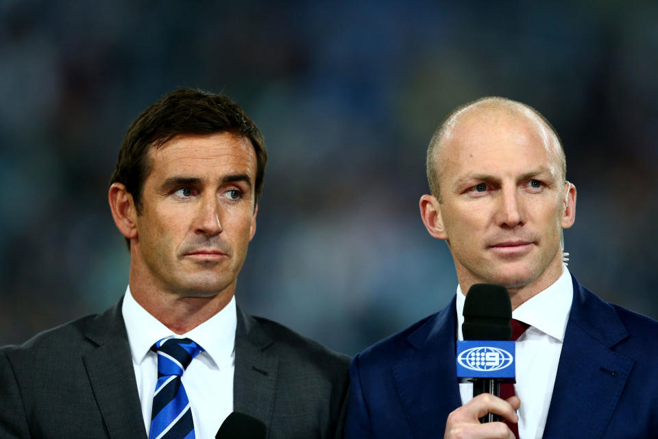 Andrew Johns and Darren Lockyer commentate during State of Origin.