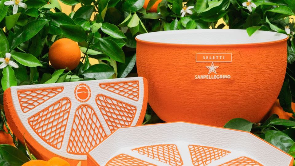 Collaborating with San Pellegrino, Krill created the "Sicily (R)evolution" project, designing a drinks tray, a glacette and a table lamp made with waste from Sicilian oranges. - Krill Design