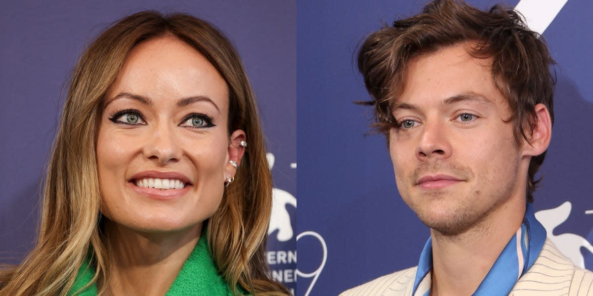 Olivia Wilde and Harry Styles photographed separately at a photo call for "Don't Worry Darling" at the 2022 Venice Film Festival.