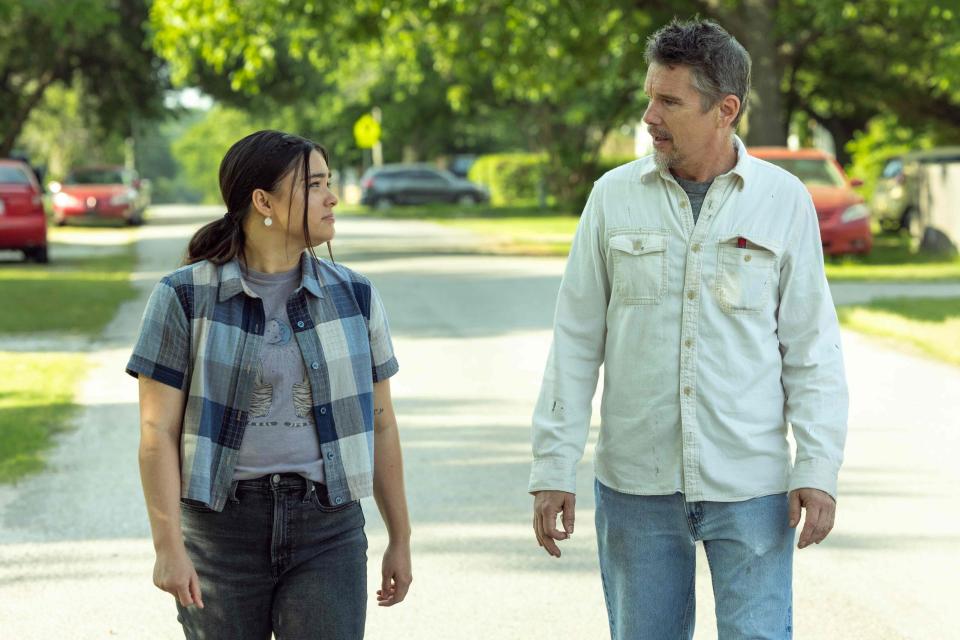 From left, Devery Jacobs stars as Elora Danan and Ethan Hawke as Rick in "Reservation Dogs" Season 3, Episode 9, titled “Elora’s Dad."