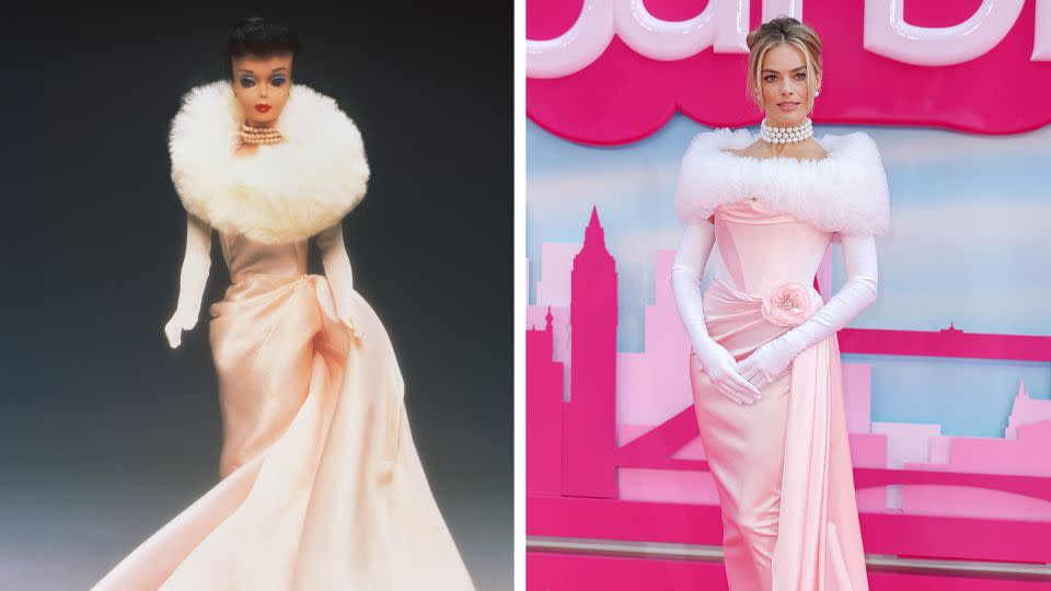 Margot Robbie attended the "Barbie" London premiere in a custom Vivienne Westwood look inspired by the 1960 doll "Enchanted Evening" Barbie. - Mattel; Mike Marsland/WireImage/Getty Images