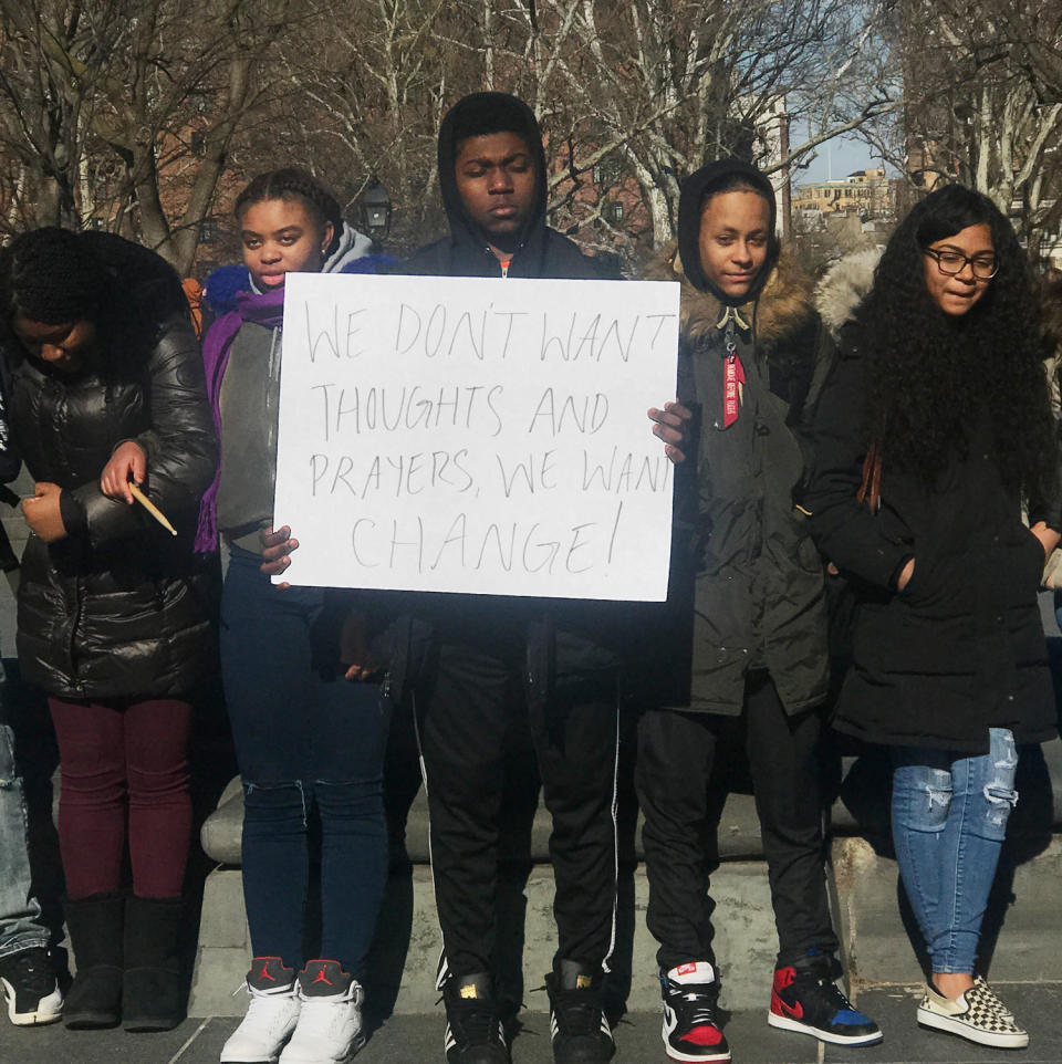 <p>Students in Washington Square Park in New York City take part in a national walkout to protest gun violence. (Photo: Julie Giusti for Yahoo Lifestyle) </p>