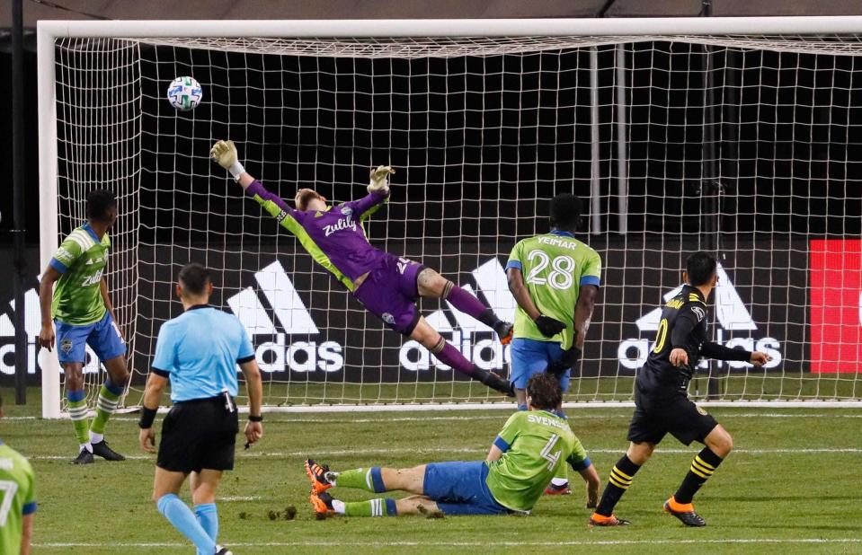 Crew midfielder Lucas Zelarayan scores against Seattle to give Columbus a 3-0 lead in the 2020 MLS final.