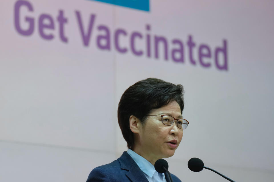 Hong Kong Chief Executive Carrie Lam speaks during a press conference in Hong Kong, Tuesday, May 25, 2021. Lam on Tuesday defended Hong Kong as an attractive place for businesses, after a recent survey found many foreigners were considering leaving the longtime Asian business hub. (AP Photo/Vincent Yu)