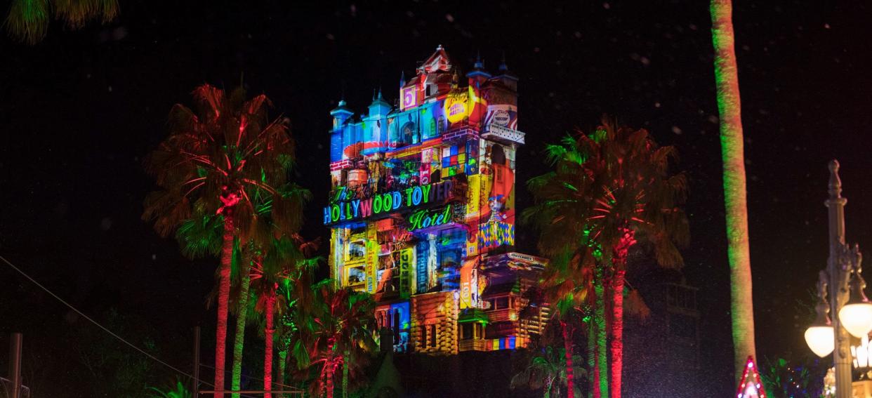 Each year, the Hollywood Tower Hotel on Sunset Boulevard at Walt Disney World Resort's Hollywood Studios transforms into the Hollywood Holiday Tower Hotel.