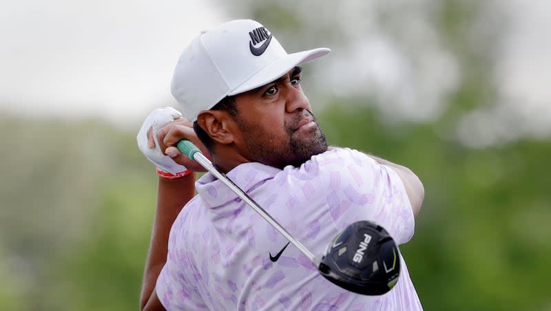 Defending champion Tony Finau tees off on the 10th hole during the first round of the Houston Open golf tournament Thursday, March, 28, 2024, in Houston.