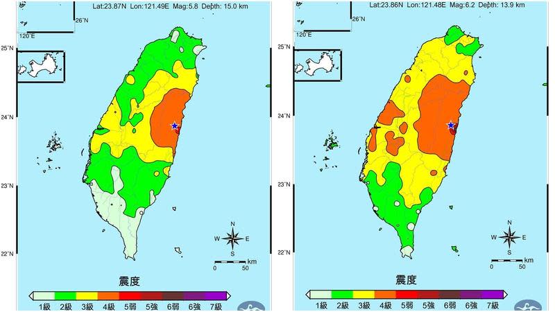 花蓮昨晚3分鐘內連續發生芮氏規模5.8及6.2兩起地震，全台幾乎有感。（翻攝自中央氣象局）