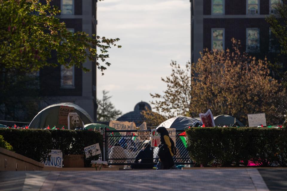 Protesters occupy an encampment in support of Palestinians on the grounds of Columbia University on April 22, 2024, in New York.