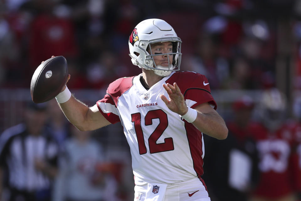 Arizona Cardinals quarterback Colt McCoy (12) passes against the San Francisco 49ers during the first half of an NFL football game in Santa Clara, Calif., Sunday, Nov. 7, 2021. (AP Photo/Jed Jacobsohn)