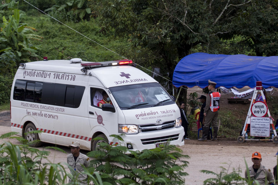 An ambulance leaves the Tham Luang cave area as operations continue for those still trapped inside the cave in Khun Nam Nang Non Forest Park in the Mae Sai district of Chiang Rai province on July 10, 2018.