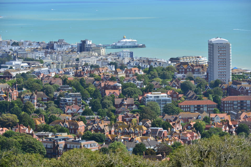 Looking down at the seaside town of Eastbourne in East Sussex.