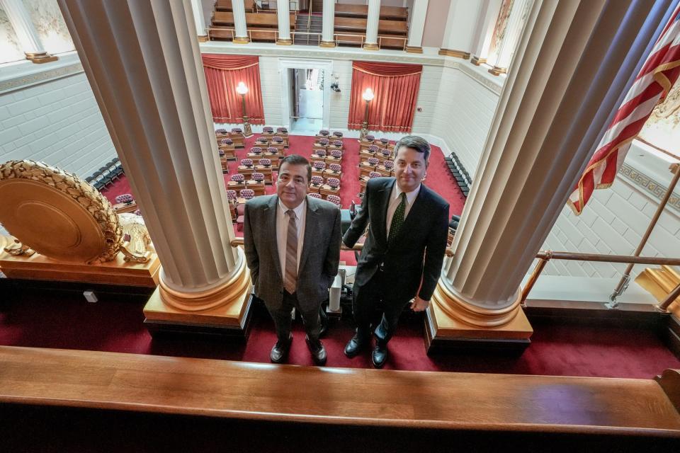 House Speaker K. Joseph Shekarchi, left, with Majority Leader Christopher Blazejewski in the House chamber in 2023.
