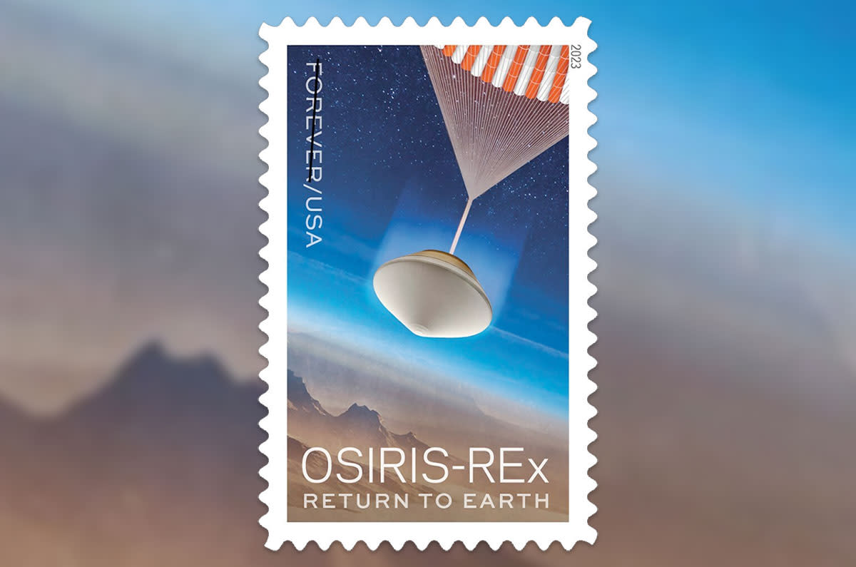  The U.S. Postal Service's "OSIRIS-REx Return to Earth" postage stamp celebrates the seven-year NASA mission to bring back rock and soil from the surface of the asteroid Bennu. 