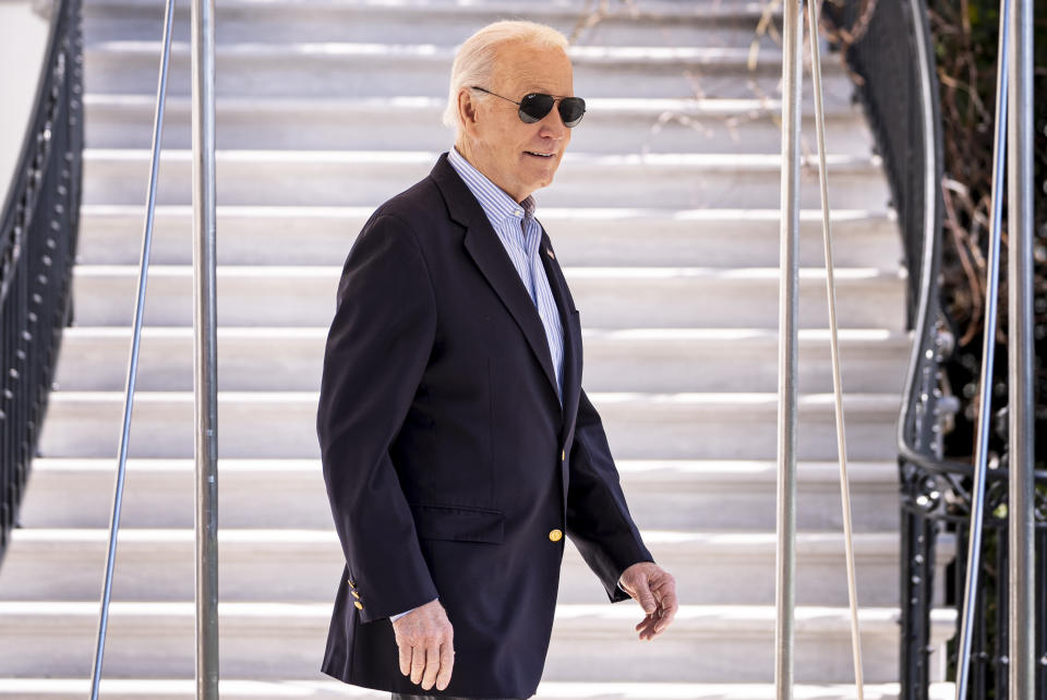 President Joe Biden walks toward Marine One on the South Lawn of the White House in Washington, Thursday, Feb. 29, 2024, for a short trip to Andrews Air Force Base, Md., and then on to Brownsville, Texas. (AP Photo/Andrew Harnik)