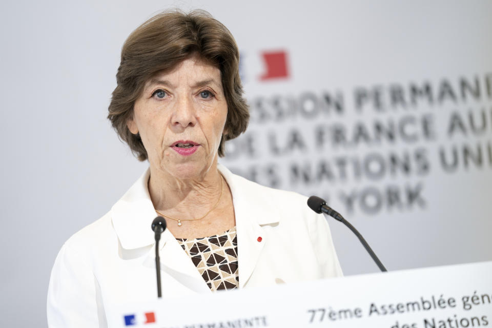 French Foreign Minister Catherine Colonna speaks at a press conference at the French Mission, Monday, Sept. 19, 2022, in New York. (AP Photo/Julia Nikhinson)