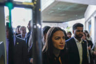 Congresswoman Alexandria Ocasio-Cortez, (D-NY), visits the Memory and Human Rights Museum in Santiago, Chile, Thursday, Aug. 17, 2023. Ocasio-Cortez is part of a US delegation who traveled to the South American country to learn about efforts to defend its democracy ahead of the 50th anniversary of the military coup led by Gen. Augusto Pinochet. (AP Photo/Esteban Felix)