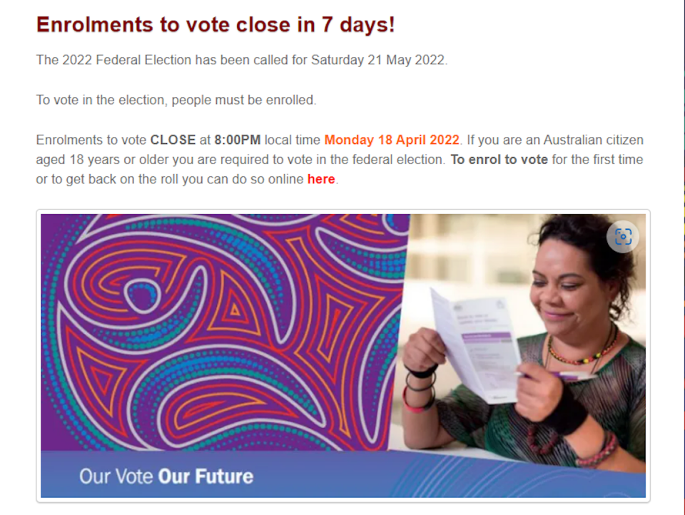 Australian Electoral Commission messaging from 2022 as shown on NACCHO materials. National Aboriginal Community Controlled Health Organisation website