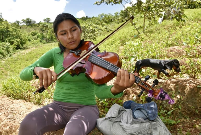 Mariel Chura, 21, plays the viola during a break from the coca harvest in Bolivia -- she says music helps her forget her problems